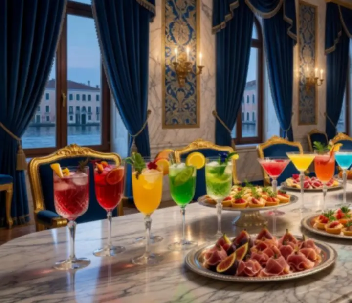 Buffet de cocktails sans alcool et bouchées gastronomiques dans un décor vénitien
