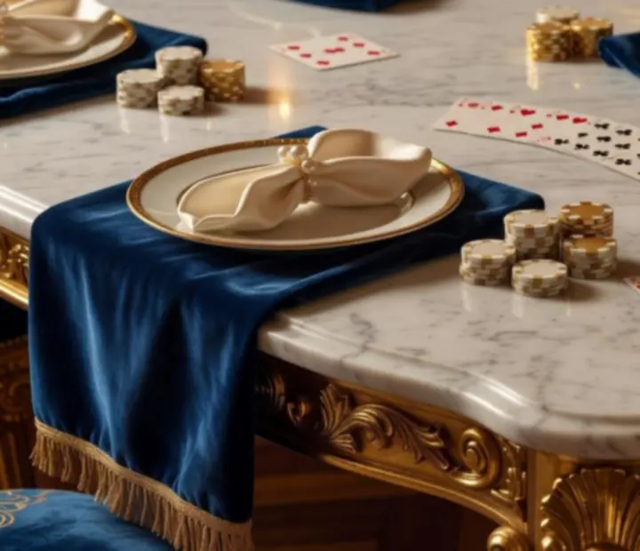 Détails de décoration baroque bleu et or pour une soirée poker élégante