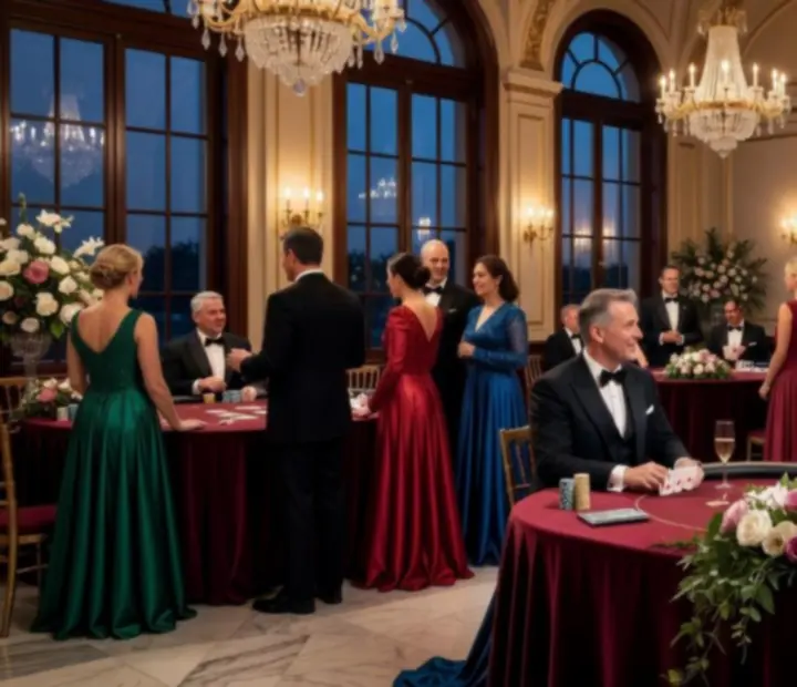 Mise en scène d'une soirée poker dans un décor vénitien avec éclairages chaleureux